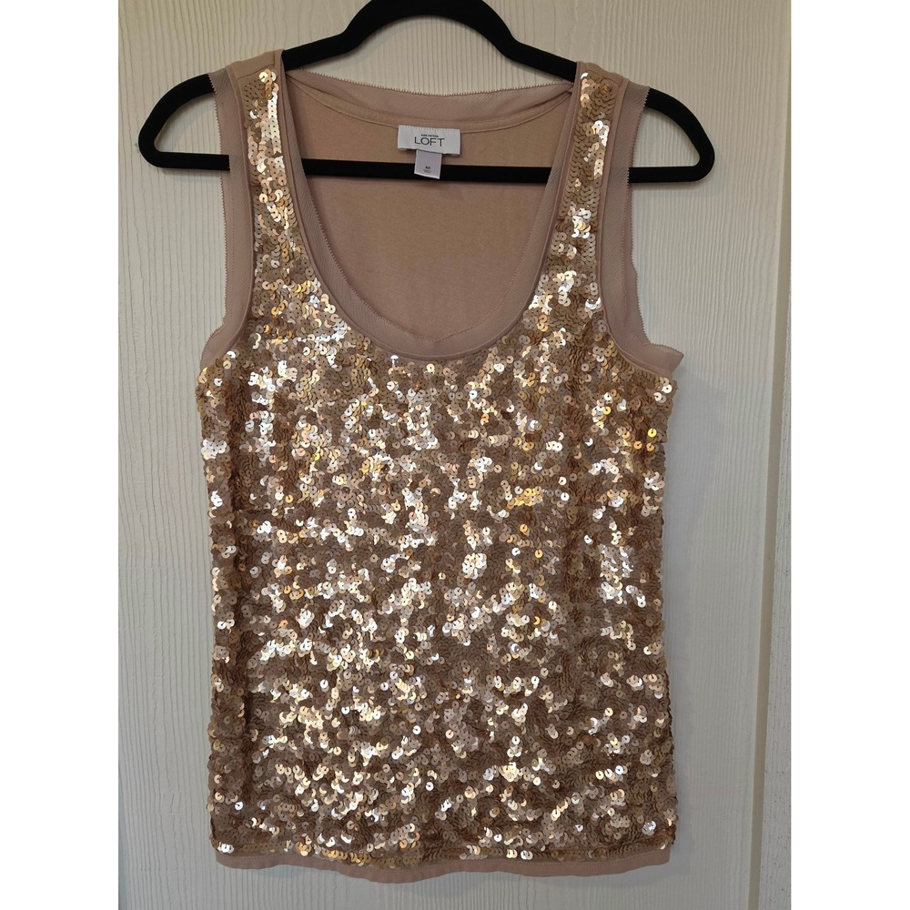 Ann Taylor LOFT Rose Gold Sequin Front Tank Top M Festive Party Holidays Event